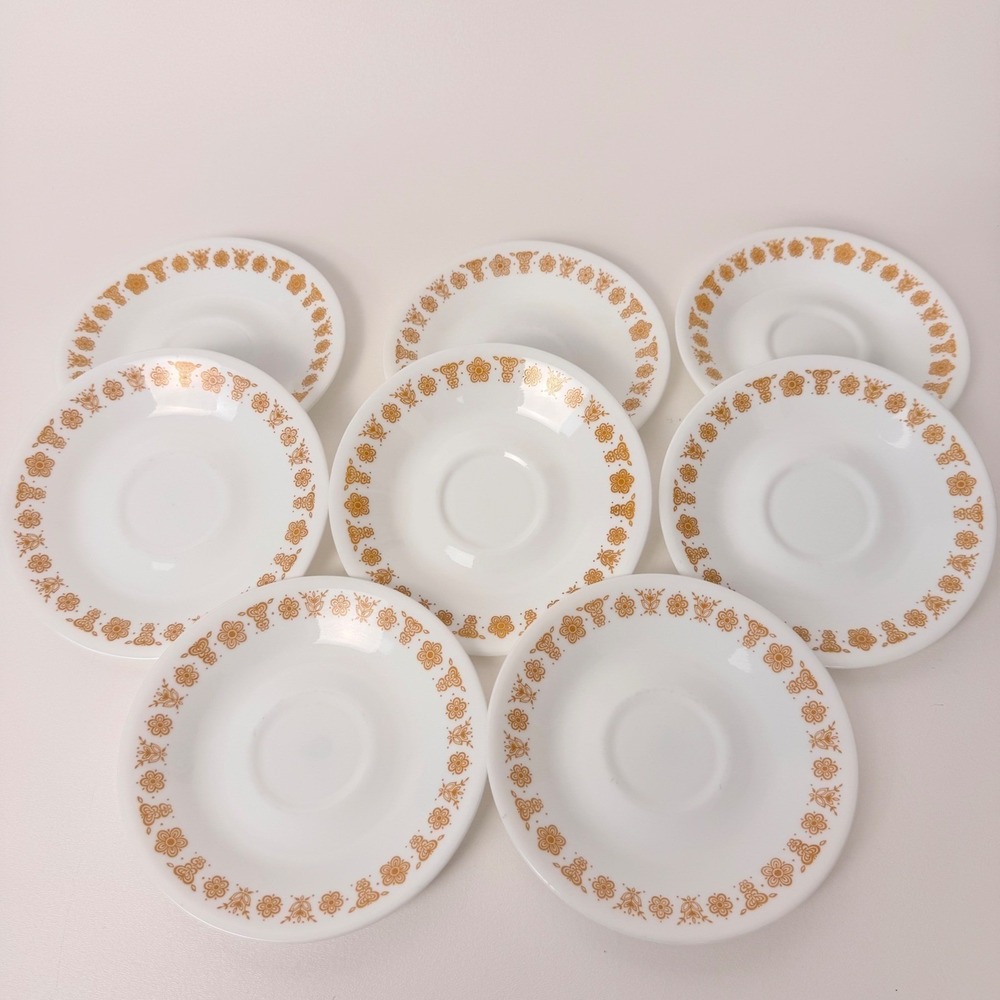Corelle‎ Butterfly Gold Saucers Set of 8 White Gold Vintage 6" Vitrelle Glass